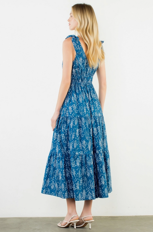 Fish Pattern Navy Midi Dress