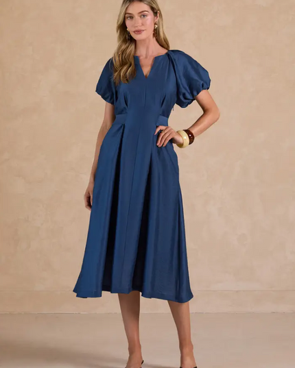 Puff Sleeve Indigo Midi Dress Dresses in XS at Wrapsody