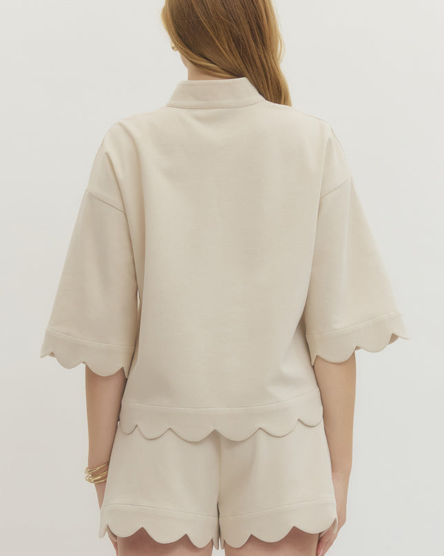 Taupe Scallop Trim Knit Blouse Tops in at Wrapsody
