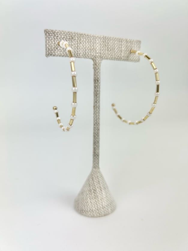 Seed Bead White & Gold Hoops Earrings in  at Wrapsody