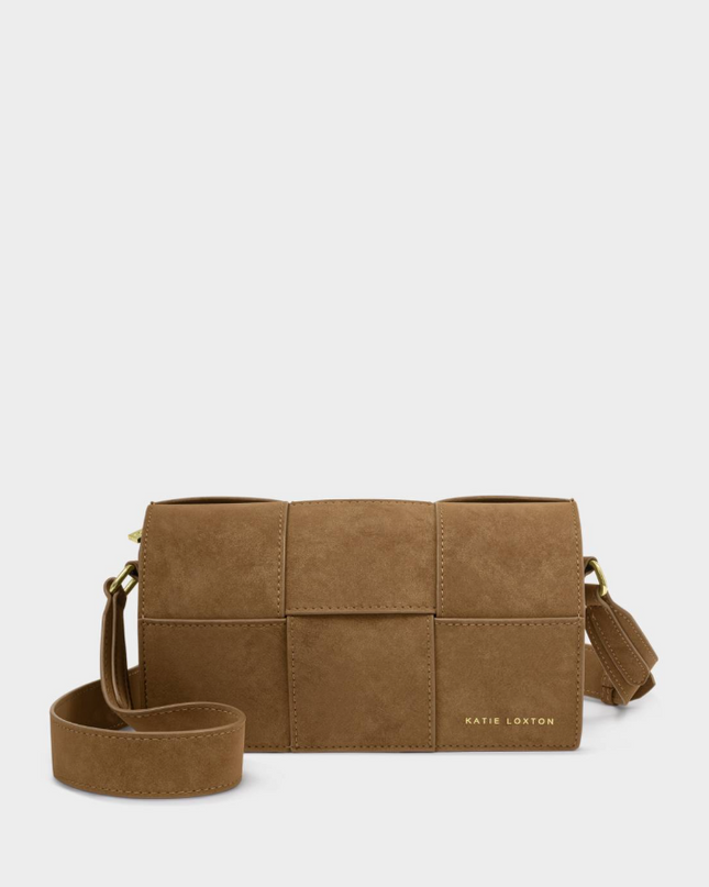 Taya Crossbody Bag in Woven Caramel Suedette Handbags in at Wrapsody