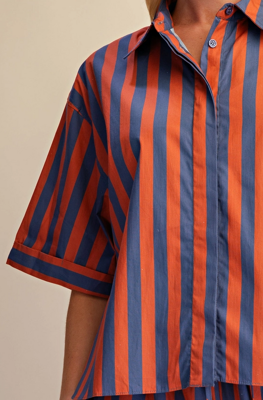 Striped Button-Up Charcoal/Orange Blouse