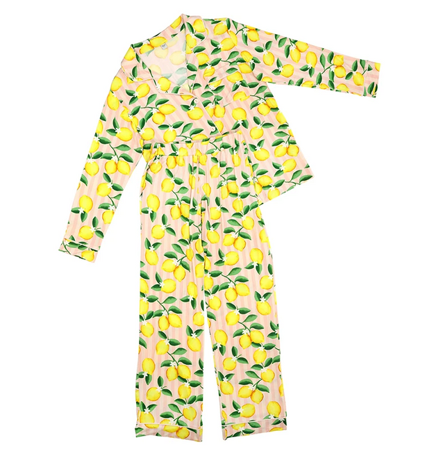 Lemons & Pink Stripes PJ Set Loungewear in S at Wrapsody