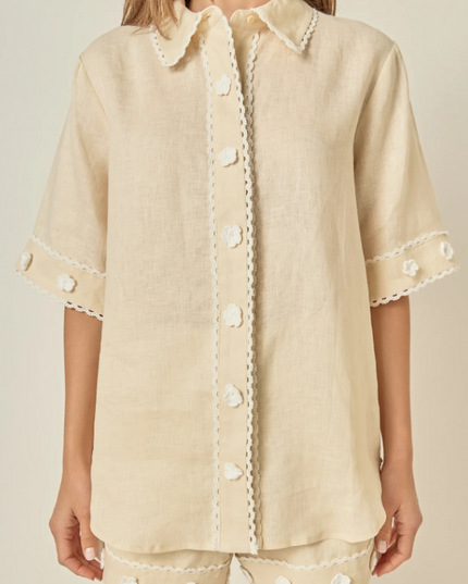 English Factory Linen Floral Beige Button-Up Blouse