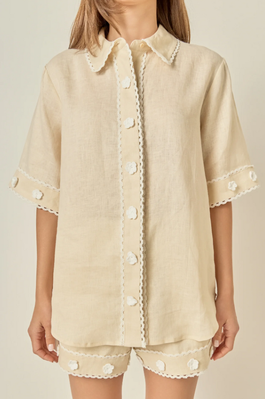 English Factory Linen Floral Beige Button-Up Blouse Tops in at Wrapsody