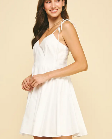 Tie-Shoulder Flare White Mini Dress Dresses in at Wrapsody