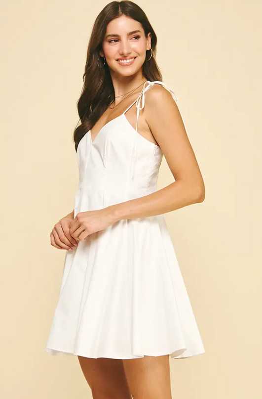 Tie-Shoulder Flare White Mini Dress Dresses in at Wrapsody