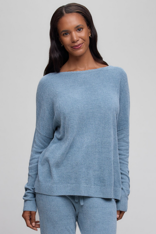 Barefoot Dreams Scallop Slouchy Pullover - Blue Aura Loungewear in S at Wrapsody