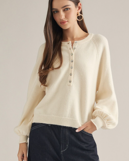 Half Button Detail Cream Sweater