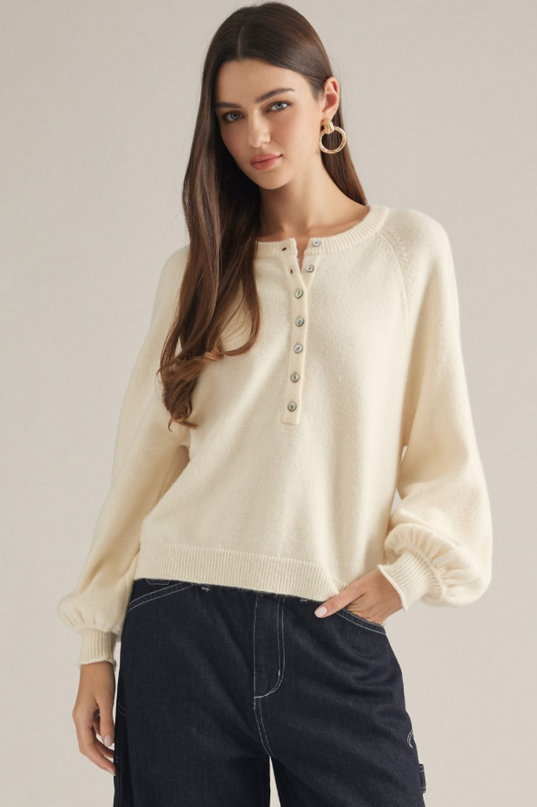 Half Button Detail Cream Sweater