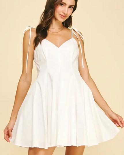 Tie-Shoulder Flare White Mini Dress Dresses in at Wrapsody