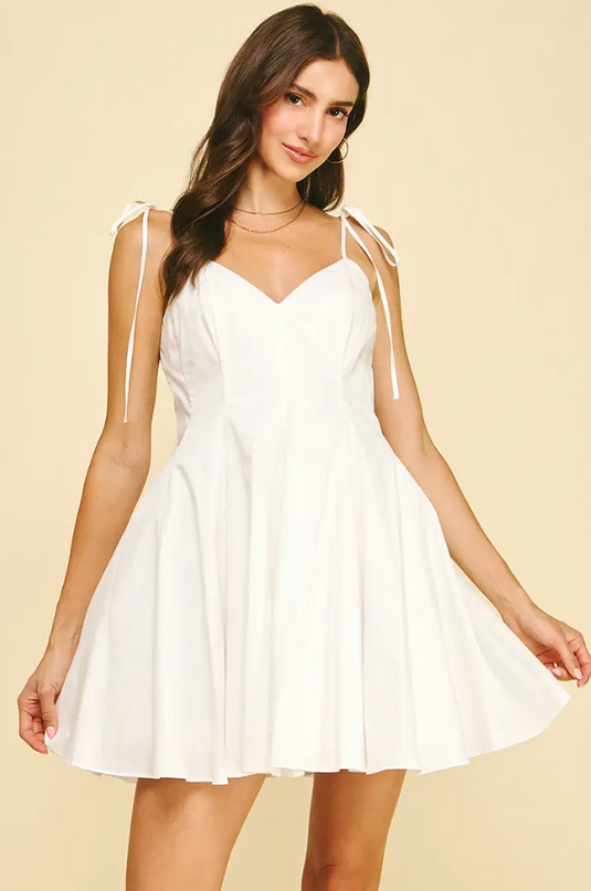 Tie-Shoulder Flare White Mini Dress Dresses in at Wrapsody