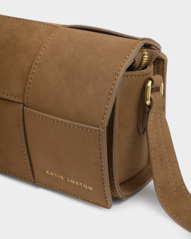 Taya Crossbody Bag in Woven Caramel Suedette Handbags in at Wrapsody