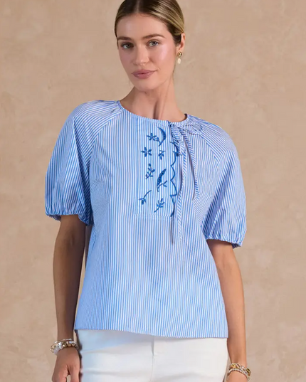Scalloped Blue Striped Blouse Tops in XS at Wrapsody