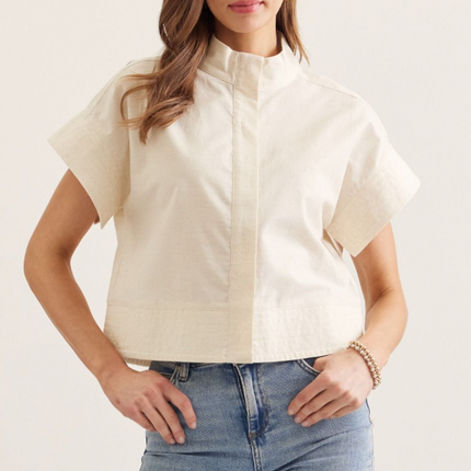Mockneck Button Down Blouse in Linen Tops in S at Wrapsody