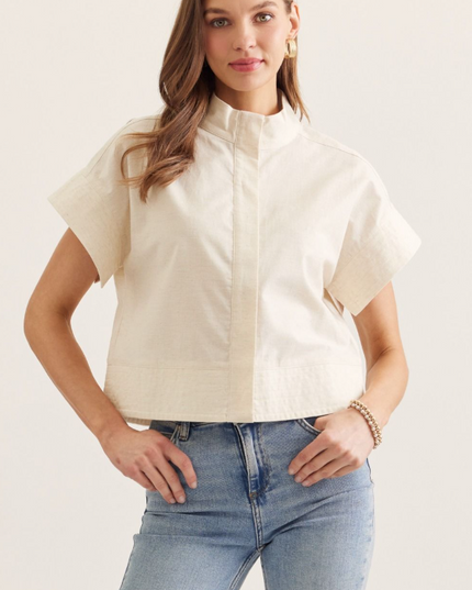 Mockneck Button Down Blouse in Linen Tops in S at Wrapsody