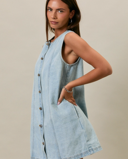 Button-Up Light Denim Mini Dress Dresses in at Wrapsody