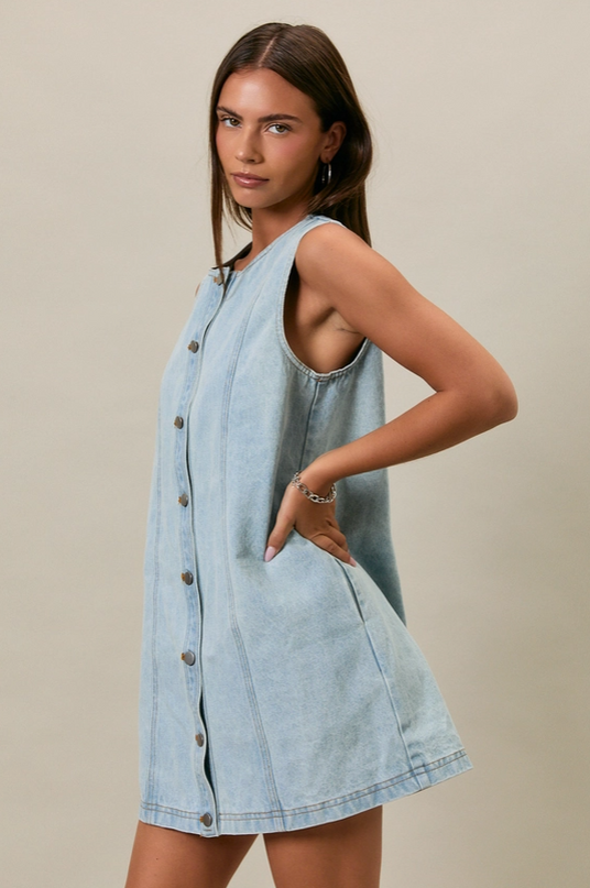 Button-Up Light Denim Mini Dress Dresses in at Wrapsody