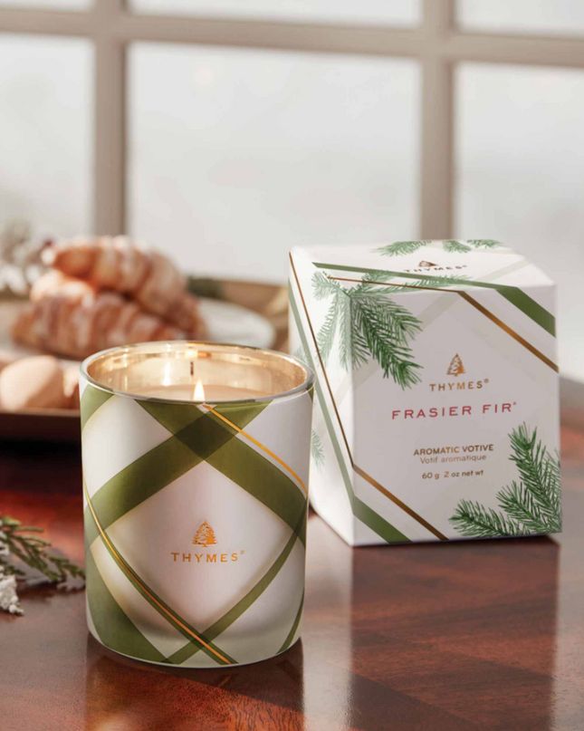 Frasier Fir Frosted Plaid Votive Candles in  at Wrapsody