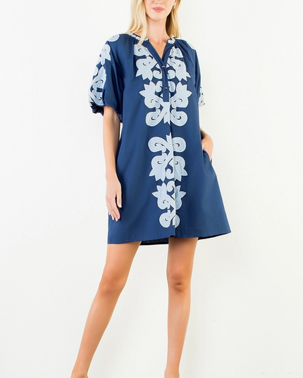 Embroidered Bubble Sleeve Navy Mini Dress