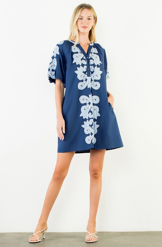 Embroidered Bubble Sleeve Navy Mini Dress