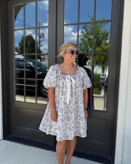 Blue Toile Mini Dress Dresses in at Wrapsody