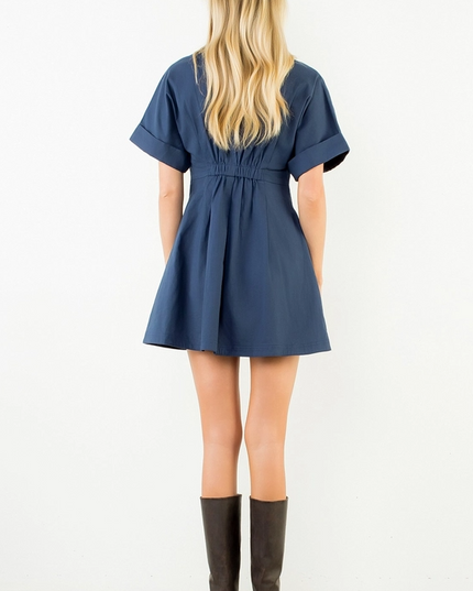 Dress Mini CuffSlv Pleated Navy Dresses in at Wrapsody