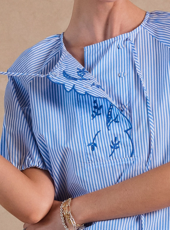 Scalloped Blue Striped Blouse Tops in at Wrapsody