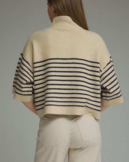 Mockneck Quarter Sleeve Navy/Ecru Stripe Sweater