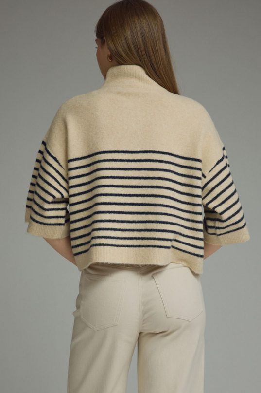 Mockneck Quarter Sleeve Navy/Ecru Stripe Sweater