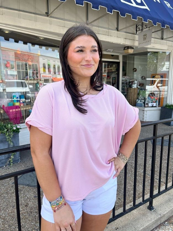 Simply Pink Ribbed Blouse Tops in  at Wrapsody
