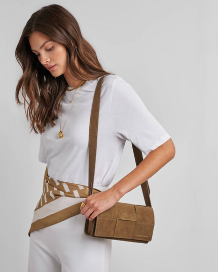 Taya Crossbody Bag in Woven Caramel Suedette