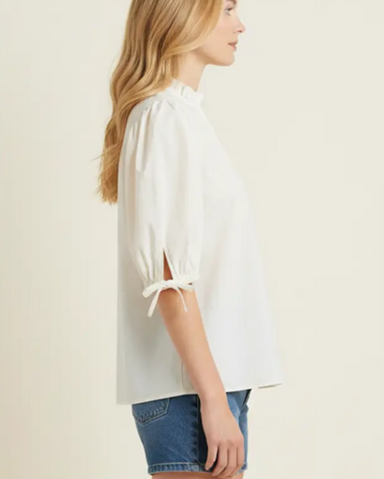 Ruffled Neckline Puff Sleeve Cream Blouse Tops in at Wrapsody