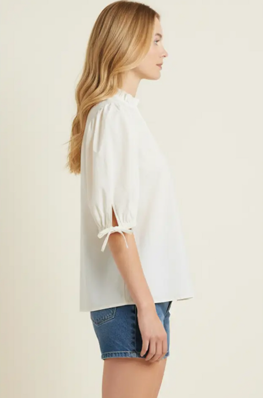 Ruffled Neckline Puff Sleeve Cream Blouse Tops in at Wrapsody