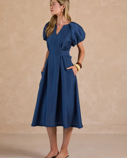 Puff Sleeve Indigo Midi Dress Dresses in at Wrapsody