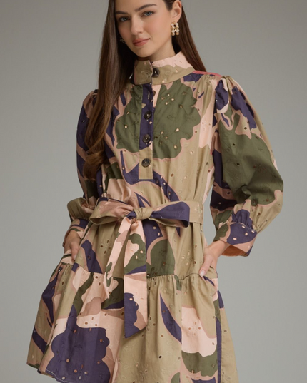 Eyelet Pattern Olive Combo Mini Dress