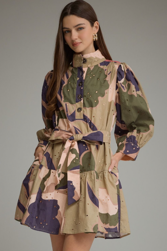 Eyelet Pattern Olive Combo Mini Dress