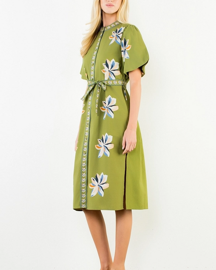 Printed Flowers Button-Up Green Midi Dress