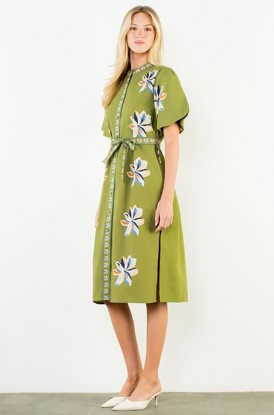 Printed Flowers Button-Up Green Midi Dress
