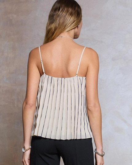 Pleated Stripe Tank in Beige Tops in at Wrapsody