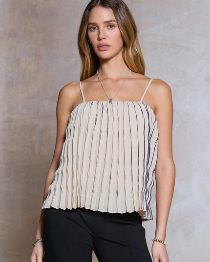 Pleated Stripe Tank in Beige Tops in XS at Wrapsody
