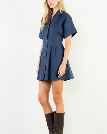 Dress Mini CuffSlv Pleated Navy Dresses in at Wrapsody