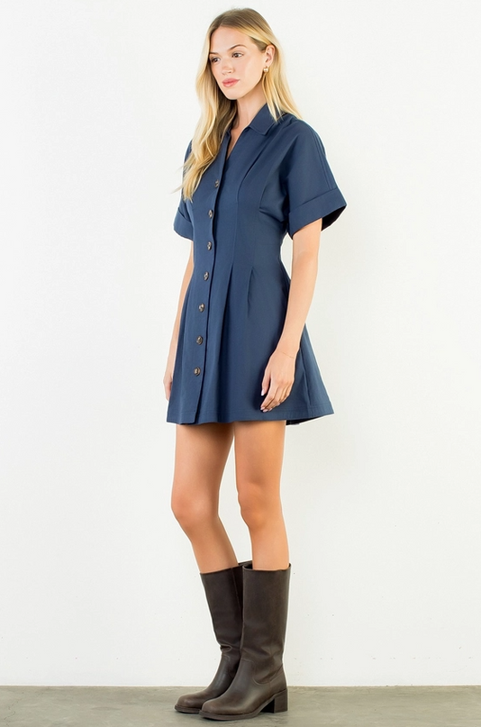 Pleated Navy Mini Dress Dresses in at Wrapsody
