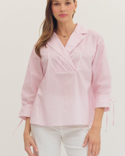 Front Wrap Light Pink Striped Blouse Tops in S at Wrapsody