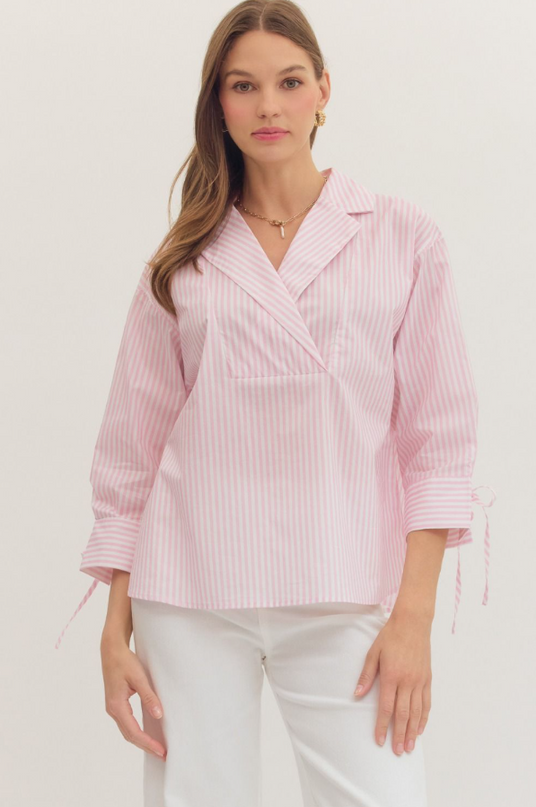 Front Wrap Light Pink Striped Blouse Tops in S at Wrapsody