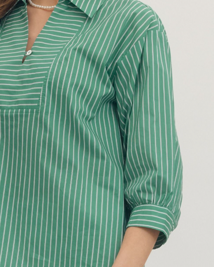 Collared Stripe Blouse in Basil Tops in at Wrapsody