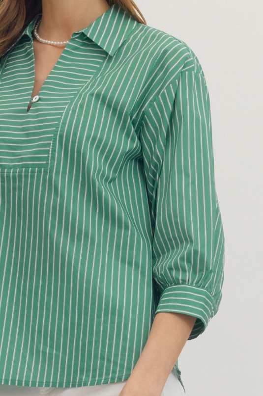 Collared Stripe Blouse in Basil Tops in at Wrapsody
