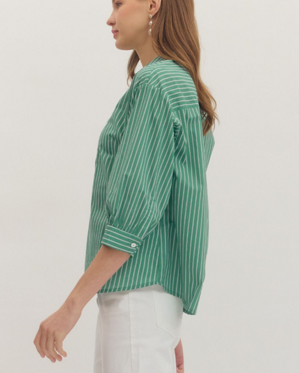 Collared Stripe Blouse in Basil Tops in at Wrapsody
