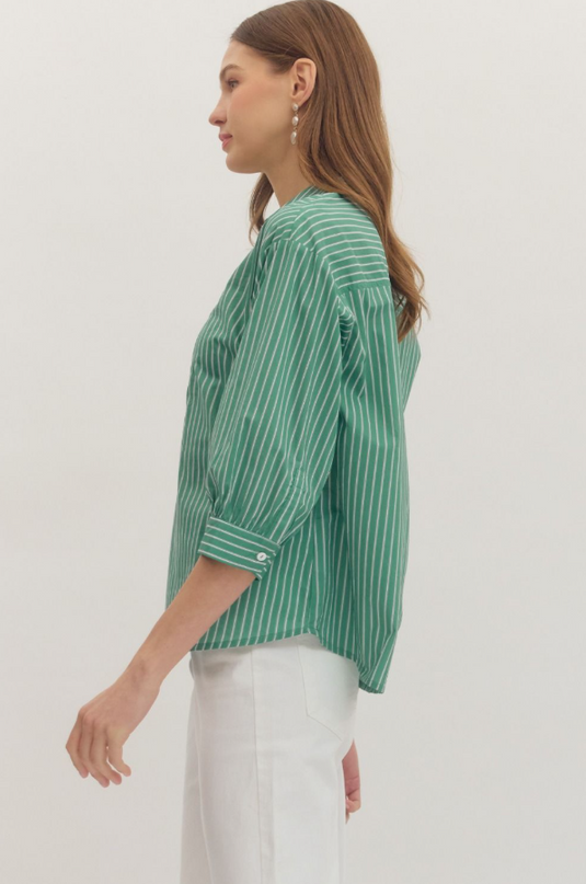 Collared Stripe Blouse in Basil Tops in at Wrapsody