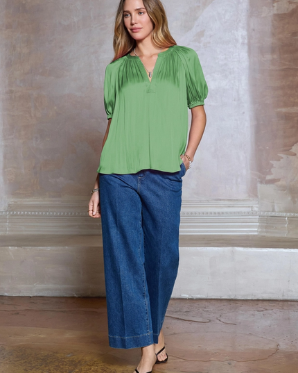Meadow Green Pleated Blouse Tops in XS at Wrapsody